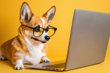 Fototapeta na wymiar Corgi dog with glasses and laptop on a yellow background. Generative AI