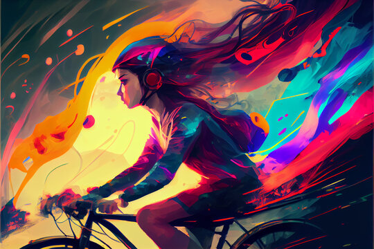 Young girl riding a bicycle with colorful energy from her body. Digital art style. Generative AI illustration