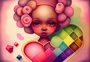 Collage painting of girl and patchwork heart Valentines Day Generative AI Art