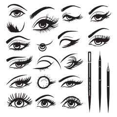 Eye liner vector. Beautiful Woman eyes makeup vector. Set of different vector eyeliner shapes. - obrazy, fototapety, plakaty