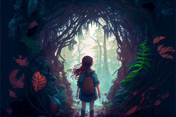 Young girl adventures in the mysterious forest. Digital art style. Generative AI illustration