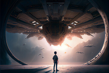 A boy standing below the alien space ship. Digital art style. Generative AI illustration