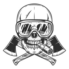 Skull smoking cigar or cigarette smoke in safety glasses and crossed metal ax with handle made of wood. Element for business woodworking or lumberjack emblem or icon. Wooden axe construction builder