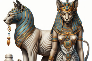 Fototapeta na wymiar Ancient Egyptian role of the goddess Bastet against a white backdrop. In the religion of ancient Egypt, Bastet was a deity. Generative AI