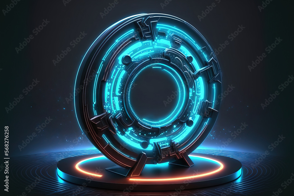 Poster interface for the product display. circular foundation for neon lighting. hologram and portal techno