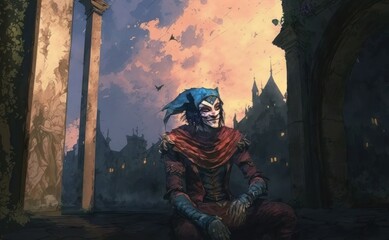 Clown, medieval city, in a painted watercolor style, Cesin City humans #18