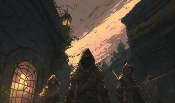 Bandits in hoods, warrior, medieval city, in a painted watercolor style, Cesin City humans #28