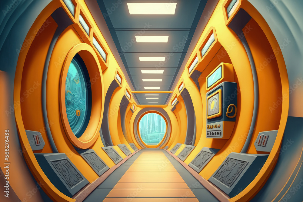 Poster architecture of a futuristic spacecraft corridor. generative ai