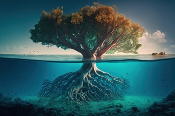 Mangrove trees roots, above and below the water in flood, nature, generative by AI