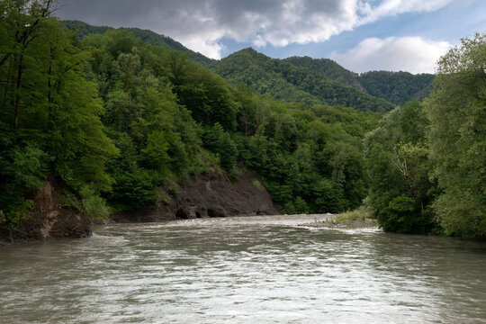 The canyon of the Belaya River and the Caucasus Mountains in the background, Maikop district, between Dakhovskaya and Khamyshki, Republic of Adygea, Russia