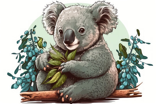 beautiful koala chewing image for a card or label, sticker birthday memento. Generative AI