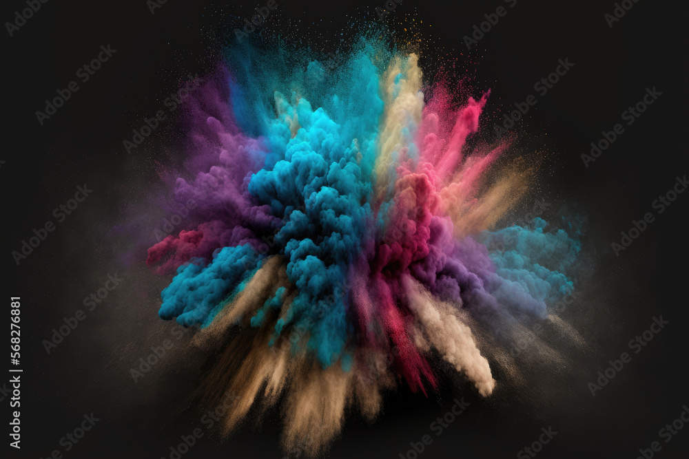 Poster isolated multicolored powder explosion against a dark background. motion of an abstract dust texture