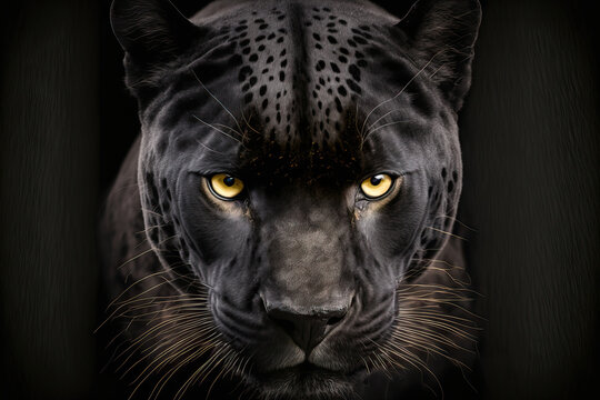 Black panther portrait, with the wild cat gazing directly into the lens. Silent assassin. Looks scary. Generative AI