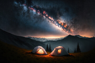 Two tourist tents, one of which casts a white glow on a hillside with grass and a view of the Milky Way galaxy. In the distance, there is a nighttime forest with more mountain summits. Generative AI