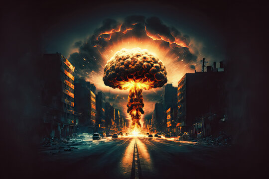 Concept of an apocalyptic nuclear war. nuclear bomb explosion in a metropolis. Atomic warfare destroyed the city. darkly illuminated artistic embellishment. selective attention. Generative AI