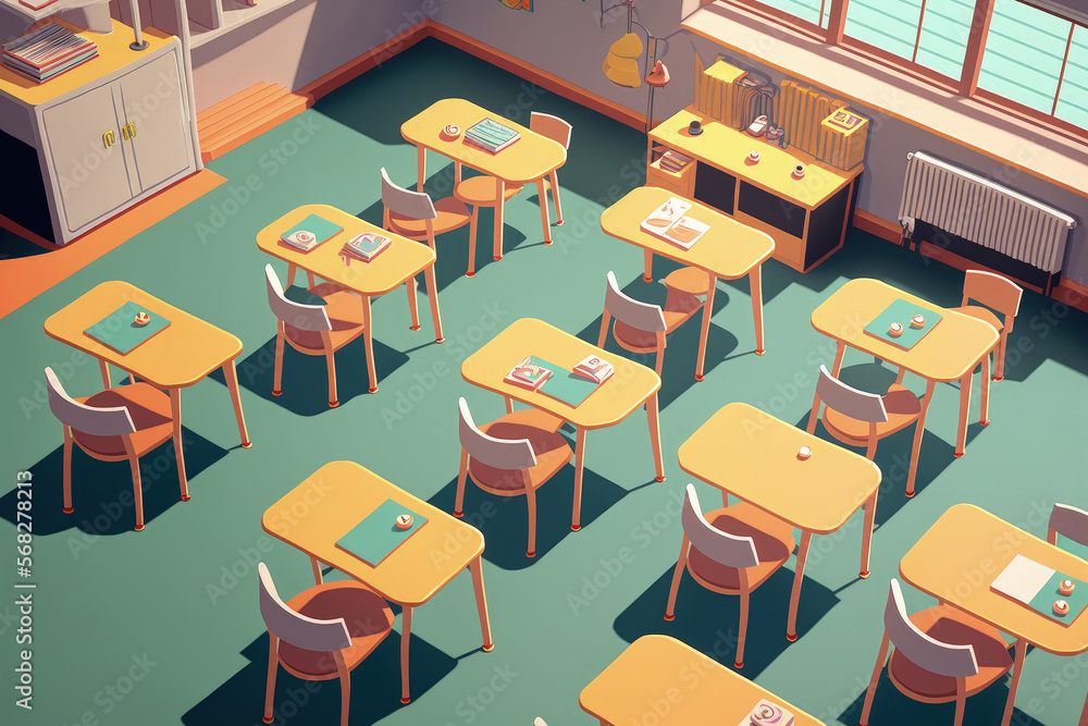 Poster chairs and tables in a classroom. generative ai