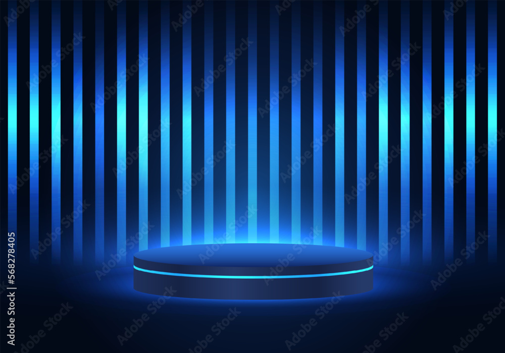 Poster technological product placement podium in blue tones and the light lines of neon lights increase the