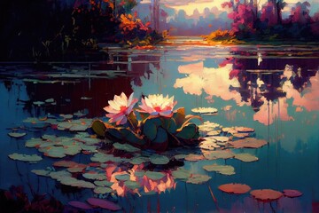 Lotus in the pond, impressionism oil painting, AI Art