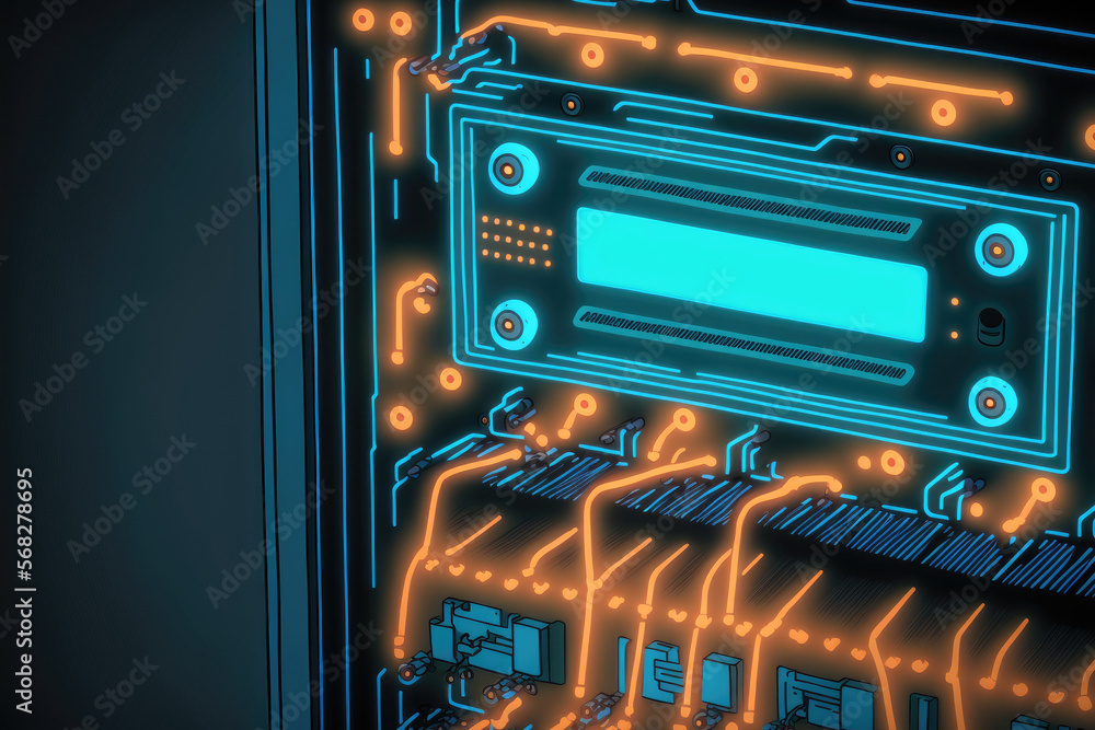 Poster close up of a computer server in a rack server using a blue light. generative ai