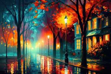 town in the evening, impressionism oil painting, AI Art - obrazy, fototapety, plakaty