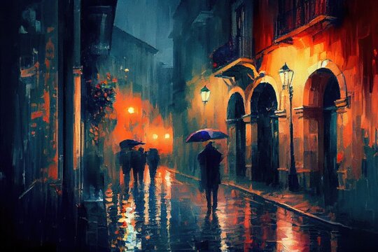 town in the evening, impressionism oil painting, AI Art