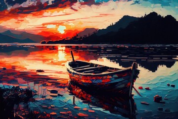 boat on the lake, impressionism oil painting, AI Art - obrazy, fototapety, plakaty