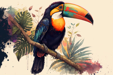 bird, toucan illustration, toucan drawing, tropical. Generative AI - obrazy, fototapety, plakaty