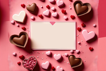 Fototapeta premium Valentine's Day greeting card on a pink background with red presents, hearts, chocolate candies, and candles. view from the top. Copy space. Generative AI