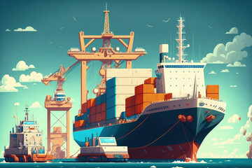 Container ship at industrial port in logistical and transportation of international goods by container ship in the sea. Industrial crane loading containers in cargo freight ship. Generative AI - obrazy, fototapety, plakaty