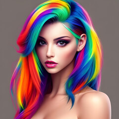 Una hermosa mujer, de cabello color arcoíris, generada por inteligencia artificial
