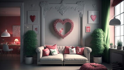 Romantic interior designs inspired by Valentine's Day. Images generated with AI.