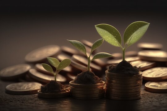 Bring your financial concepts to life with this inspiring photo of a sprout and coins. Capital growth. AI generation.