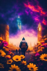 Obraz premium Man walking on a street with flowers, Generative AI