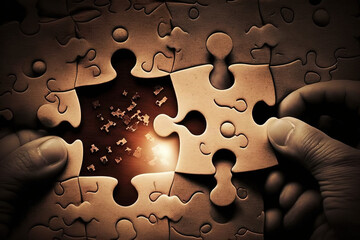 Placing a Puzzle Piece Illustration, Puzzle Art Design, Placing the last Puzzle Piece, Problem Solving, Completing a Puzzle, Jigsaw Print