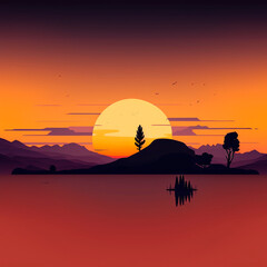 Minimalist sunset at the lake and mountains generative AI