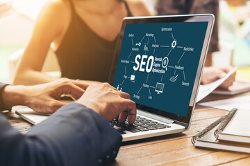 SEO search engine optimization for modish e-commerce and online retail business showing on computer...