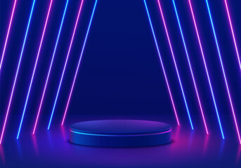 Blue stand product podium 3D background with tunnel glowing neon lighting lines scene. Futuristic minimal wall scene mockup product stage showcase, Promotion display. Abstract vector geometric forms.