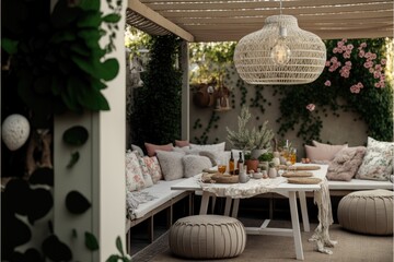 a boho and cozy backyard entertaining area under a white wooden pergola on concrete with touches of rattan, AI assisted finalized in Photoshop by me