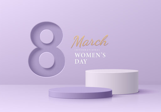 White and purple stand product podium set 3D background with text 8 march international women day. Minimal wall scene mockup product stage showcase, Promotion display. Abstract vector geometric forms