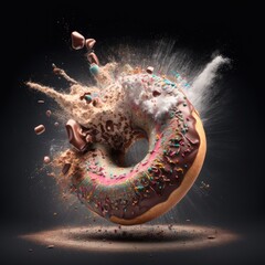 Fresh sweet donuts in motion with multicolored fruit glaze and sprinkles decorated. Fast sweet food concept, bakery ad design elements with glazed frosted falling doughnuts isolated , generative by ai