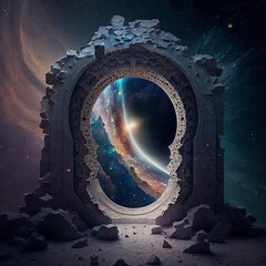 stone portal in space surrounded by a colorful nebula and you see galaxies in the background. Looking into infinity with fractals shapes of dust and gases. holographically, 4d space, hypervisualizatio