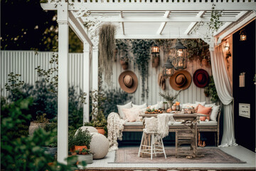 a boho and cozy backyard entertaining area under a white wooden pergola with touches of rattan and muted beige and rusty pinks AI assisted finalized in Photoshop by me - obrazy, fototapety, plakaty