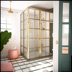 light and airy, 6ft by 6ft shower with clear glass shower walls and doors that have  square grid panes lined. Shower hardware is gold. AI assisted finalized in Photoshop by me