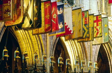 Banners and symbolic helmets of the Order of Saint Patrick in the choir of St. Patrick's Cathedral,...