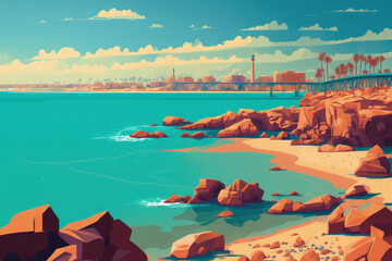 Fototapeta premium Jeddah's coastline in Saudi Arabia. Red Sea is a crystal clear blue. Nature near the coast. various hues of water. Clear, flat ocean. Generative AI