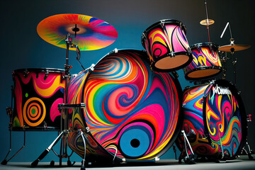 Tie dye illustration of a drum set