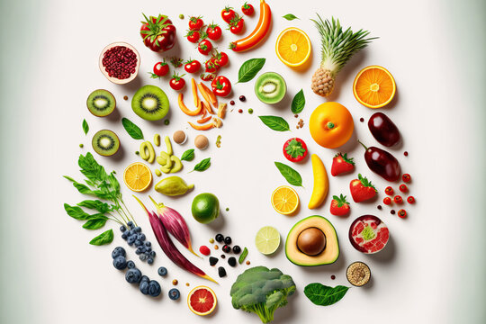 Background or studio featuring a healthy diet images of various fruits and vegetables isolated on a white background, top view. high quality output. Generative AI