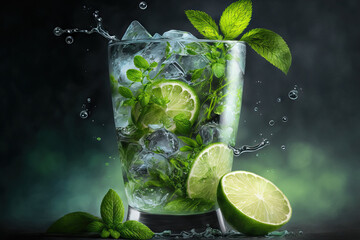 Fototapeta na wymiar Cooling mojito with ice, fresh mint, and lime for the summer. Generative AI