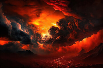 Fantastic fantasy style mystical horror background from a different planet in the paranormal world. ominous demonic clouds, a dramatic crimson, black, and orange sky, and dreadful shadows and light