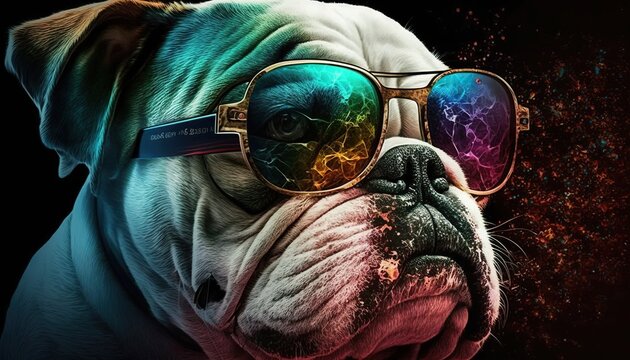 bulldog with colored sunglasses